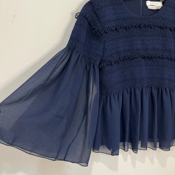 See By Chloe Dark Navy Peasant Top Sheer Sleeves Smocked Bodice Boho Sz 4 - Picture 3 of 13